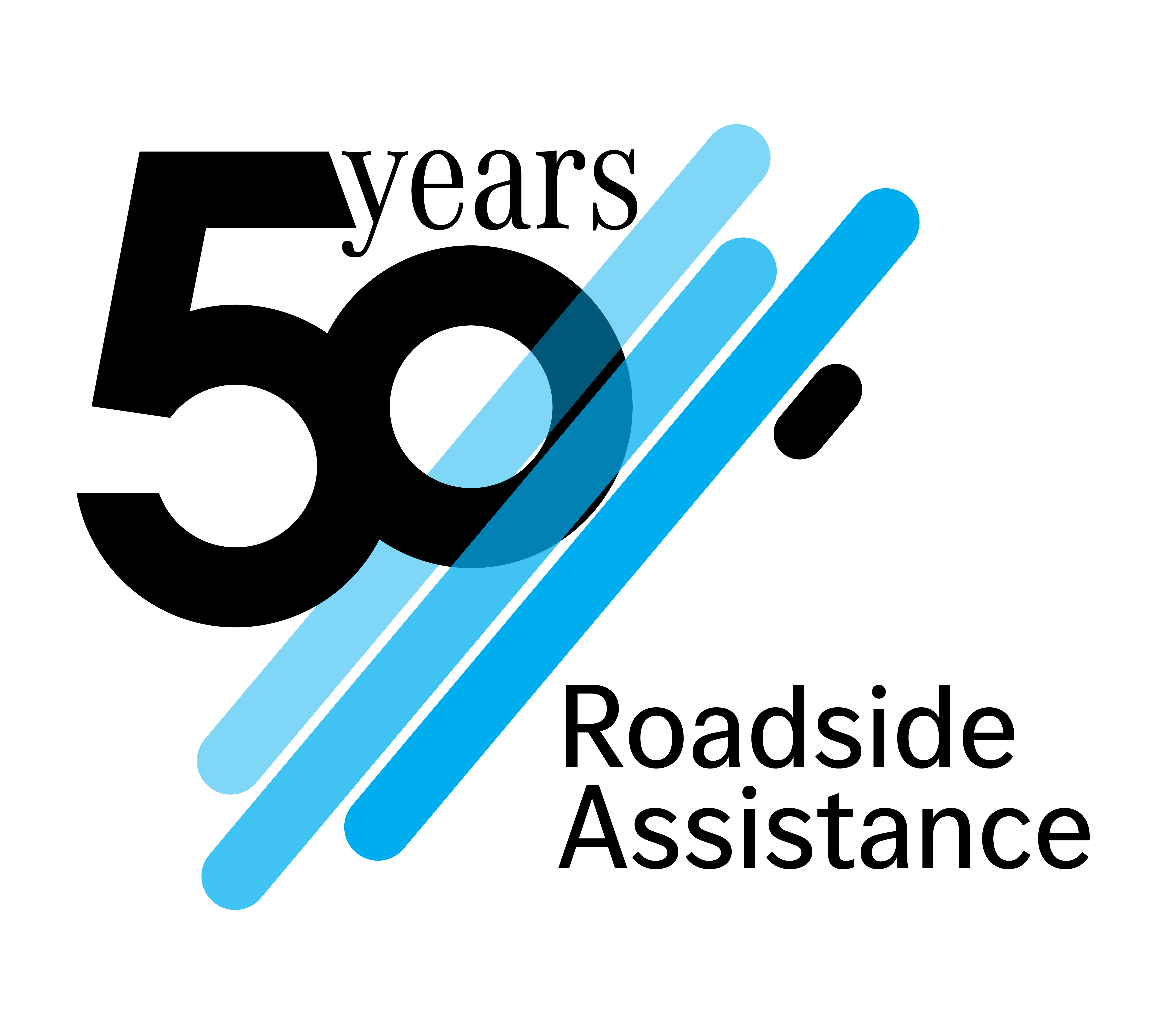 Roadside Assistance Logo celebrating "50 years" with a large "50" and text "Roadside Assistance" with blue lines.