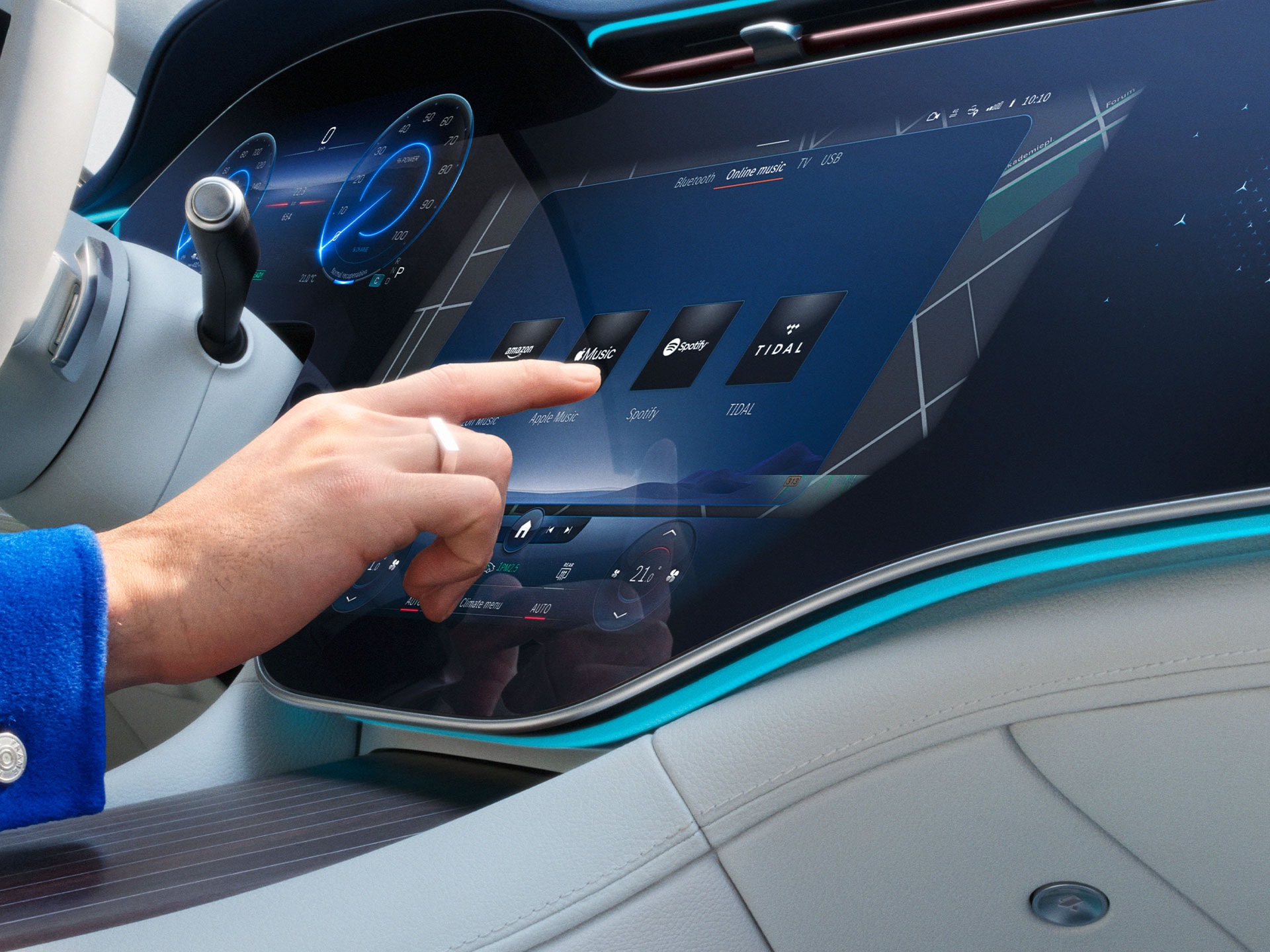 Digital Extras being selected on the screen of the MBUX multimedia system in a Mercedes-Benz.