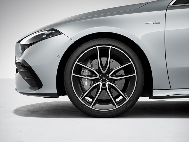 An AMG 5-twin-spoke light-alloy wheel of the Mercedes-AMG A-Class Saloon.