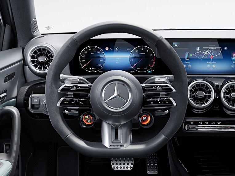 The AMG Performance steering wheel of the Mercedes-AMG A-Class Saloon.