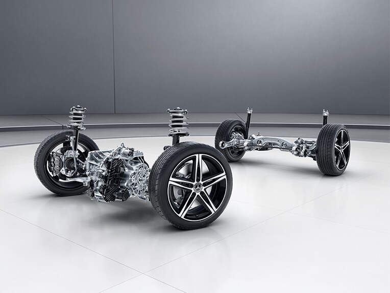 A technical illustration of the A 35 4MATIC Saloon from Mercedes-AMG (AMG RIDE CONTROL Suspension).