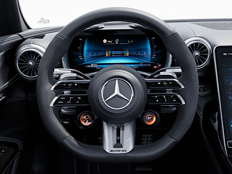 The AMG Performance steering wheel in nappa leather/MICROCUT microfibre in the new Mercedes-AMG GT Coupé.