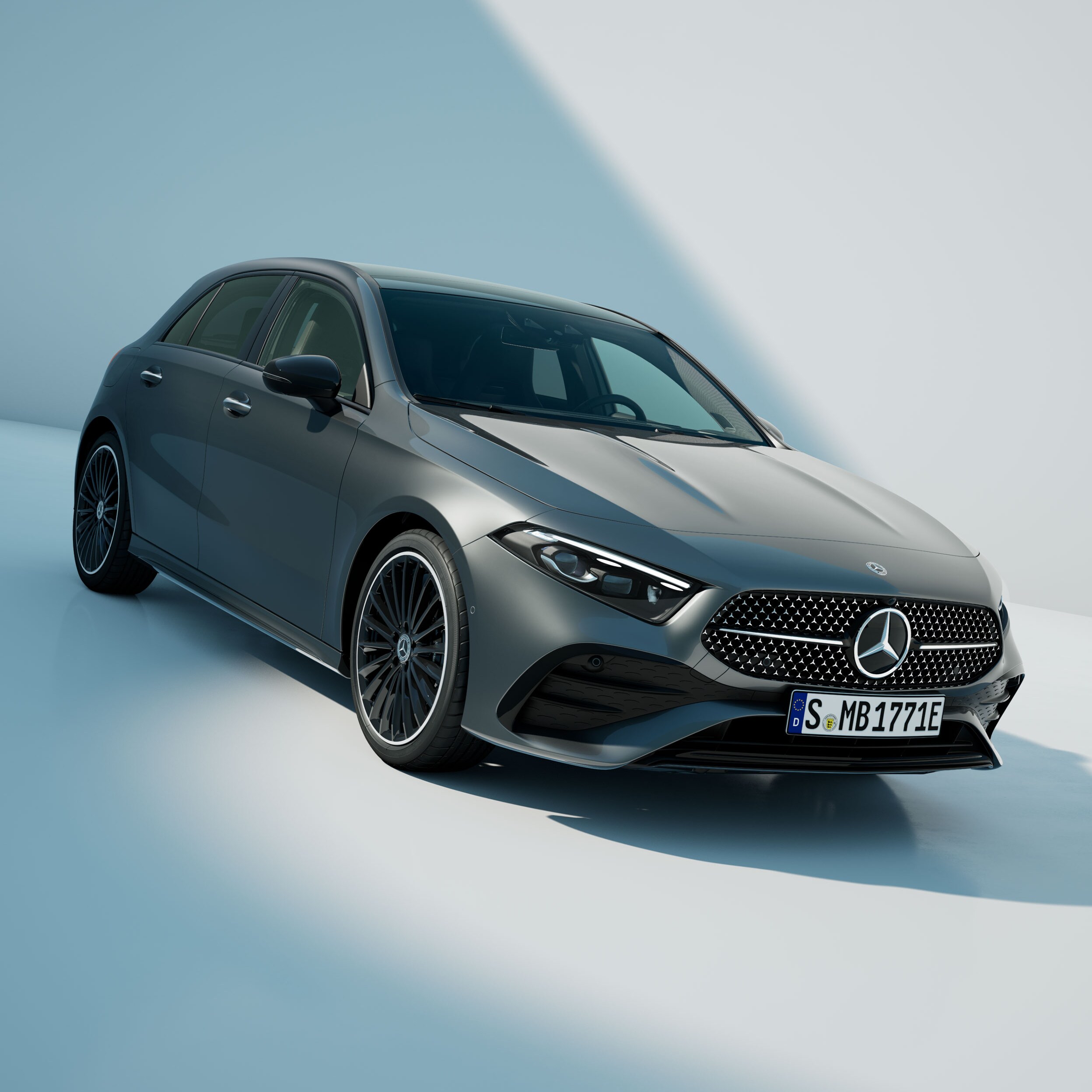 Front view of the side of a Mercedes-Benz A-Class compact saloon.