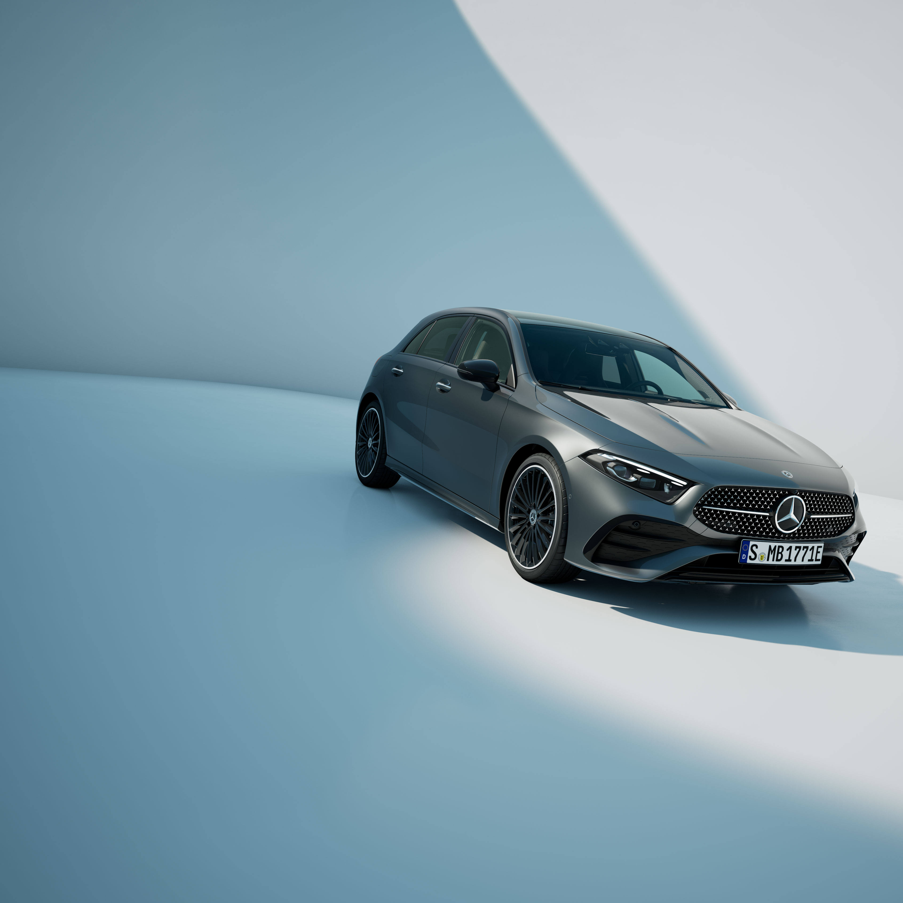A-Class Compact Saloon | Hatchbacks | Mercedes-Benz Front view of the side of a Mercedes-Benz A-Class compact saloon.