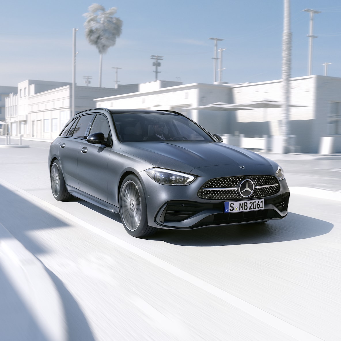 Frontal side view of a Mercedes-Benz C-Class Estate.