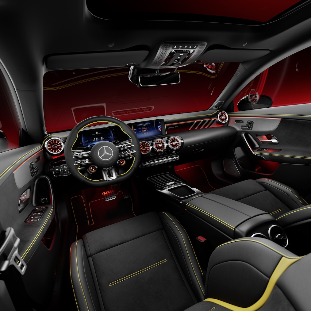 The Mercedes-AMG CLA Coupé Interior with AMG Performance seats and AMG Performance steering wheel.