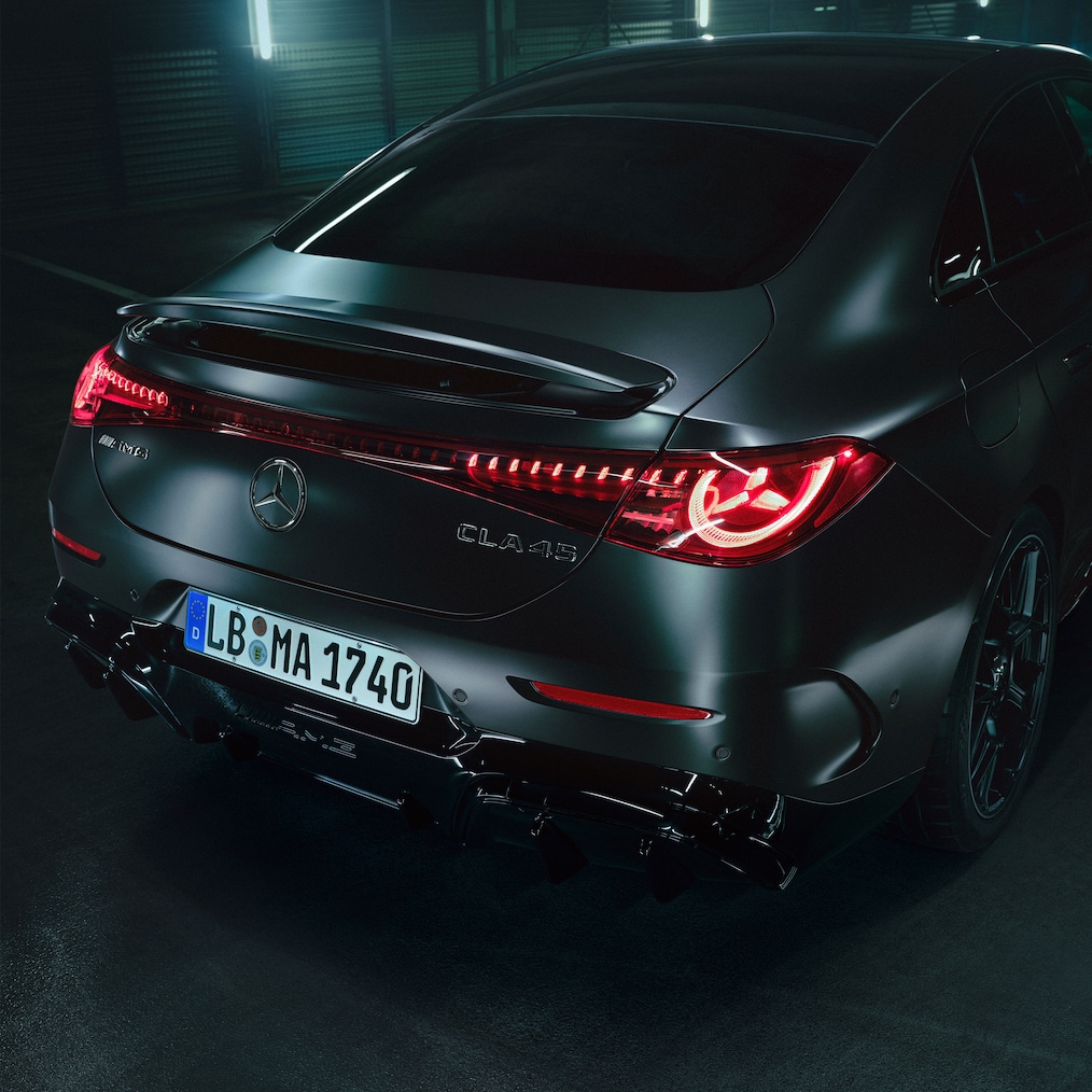 The AMG rear of the all-new Mercedes-AMG CLA 45 4MATIC+ electric.