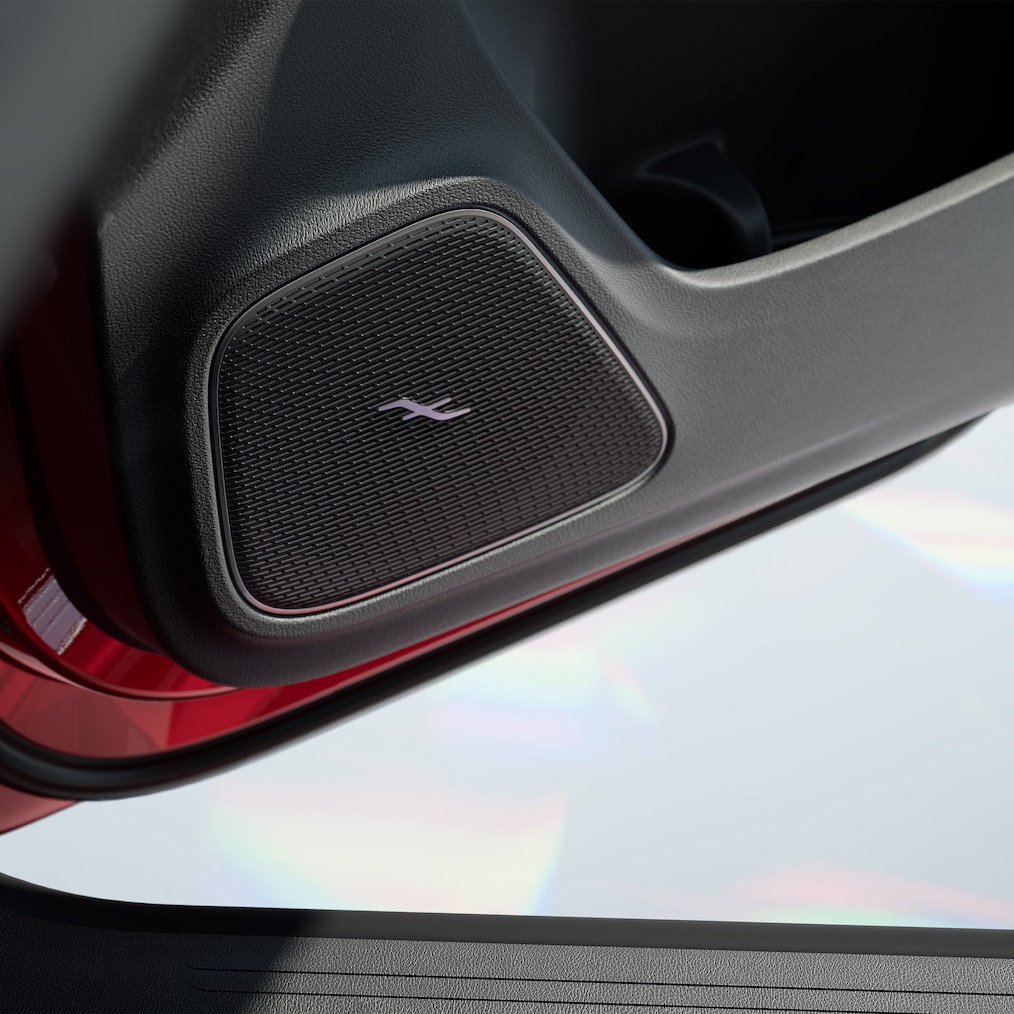 Close-up on a loudspeaker of the Burmester® surround sound system.