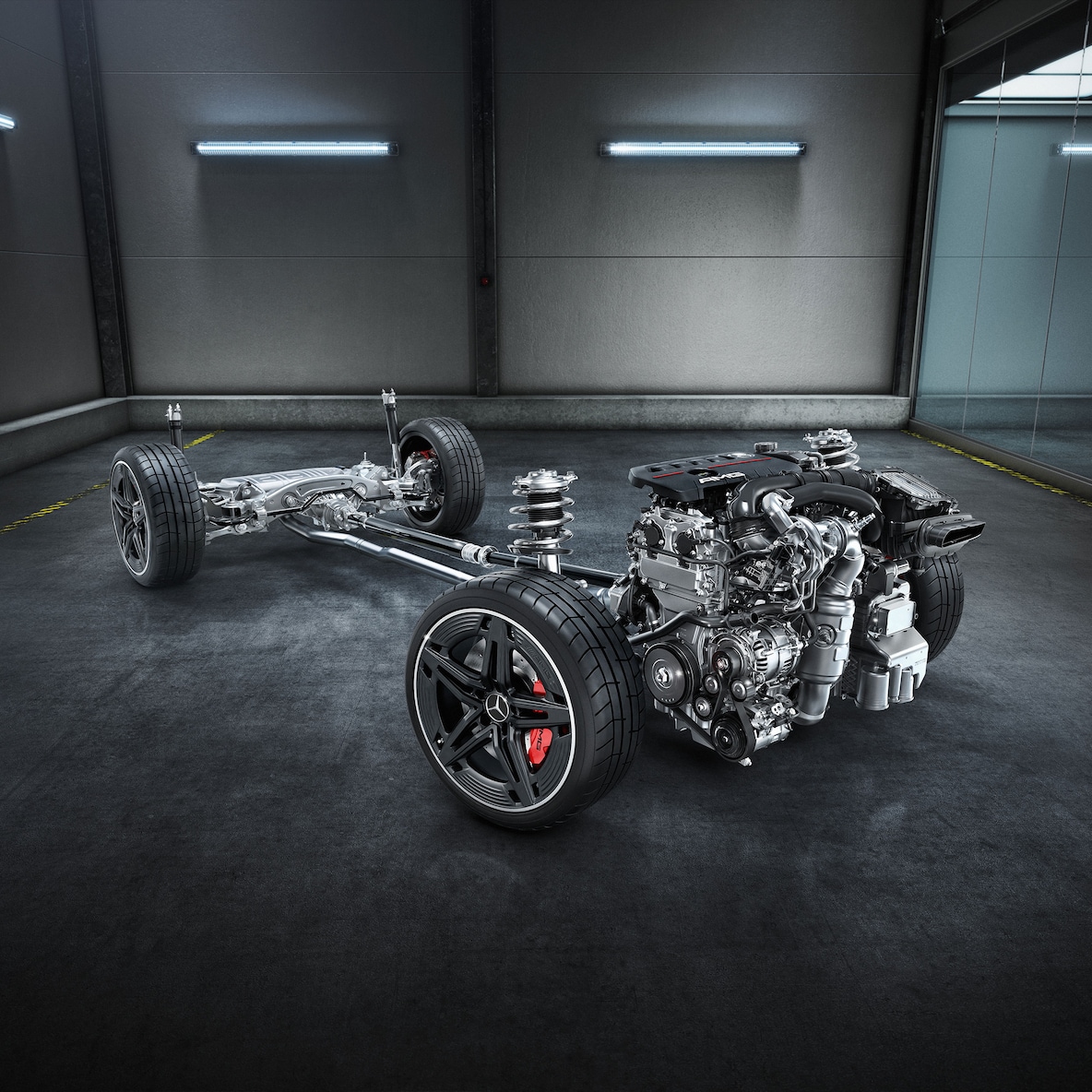 The chassis with drivetrain of the Mercedes-AMG CLA 45 S 4MATIC+ Shooting Brake.