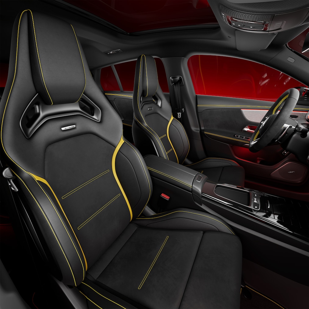 The Mercedes-AMG CLA Shooting Brake Interior with AMG Performance seats and AMG Performance steering wheel.