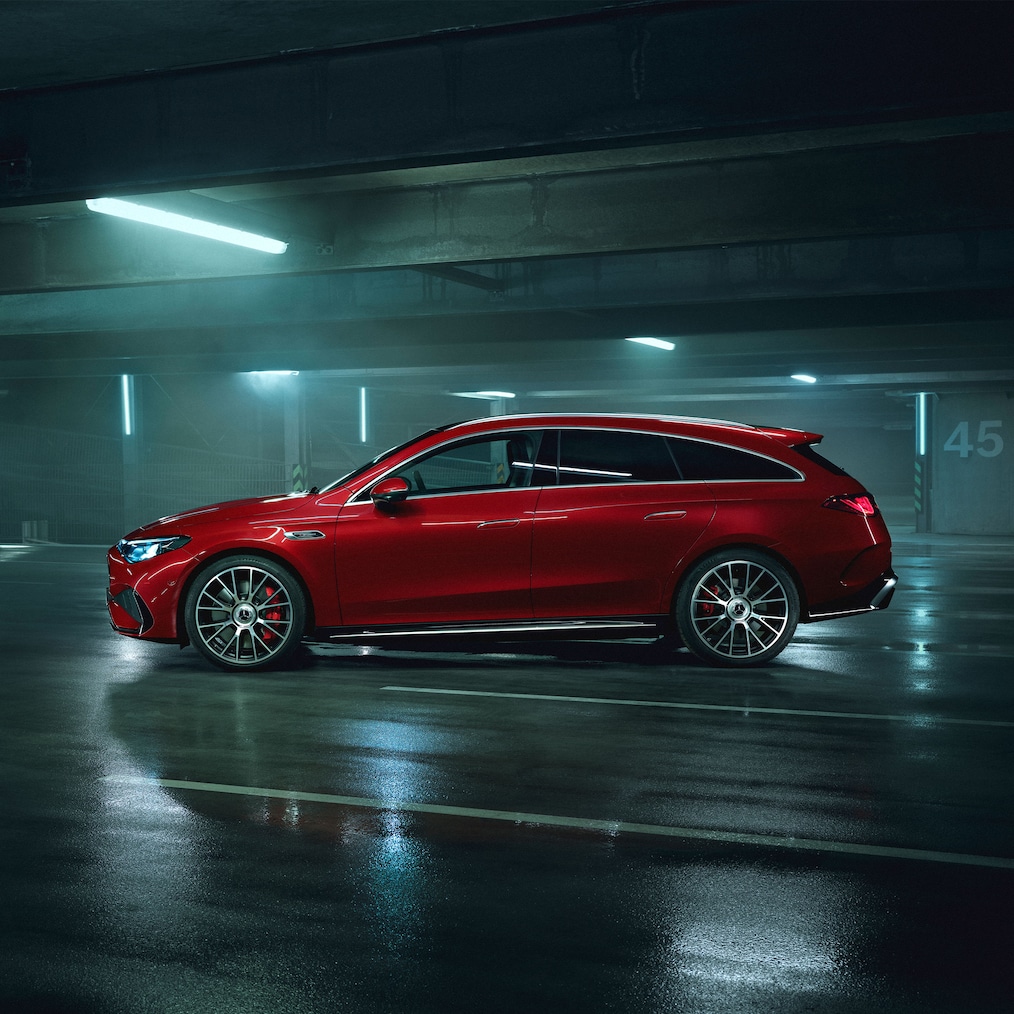 The all-new Mercedes-AMG CLA 45 4MATIC+ Shooting Brake electric in MANUFAKTUR Patagonia Red Metallic.