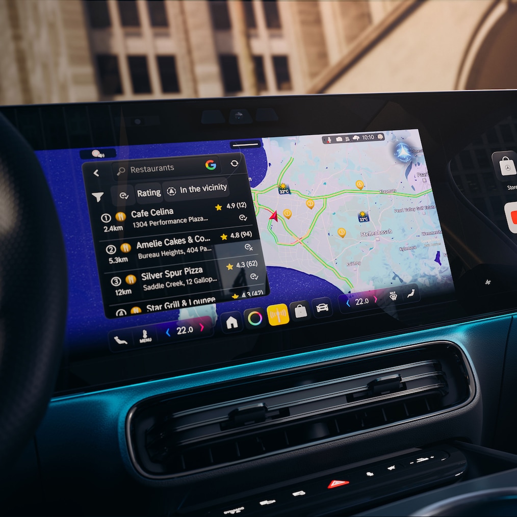 Navigation based on Google Maps on the display in the interior of the electric CLA Shooting Brake with EQ Technology.