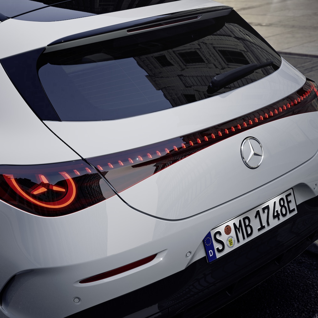 The rear design of the exterior of the electric CLA Shooting Brake with EQ Technology.