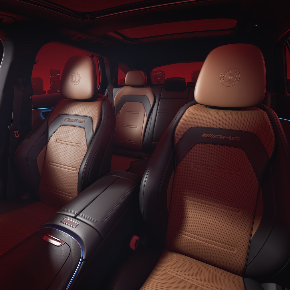 View of the AMG Performance seats, perspective from the open driver's door.