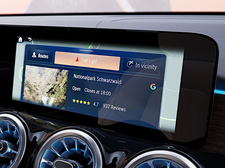 Place details provided by Google in the new EQB from Mercedes-Benz.