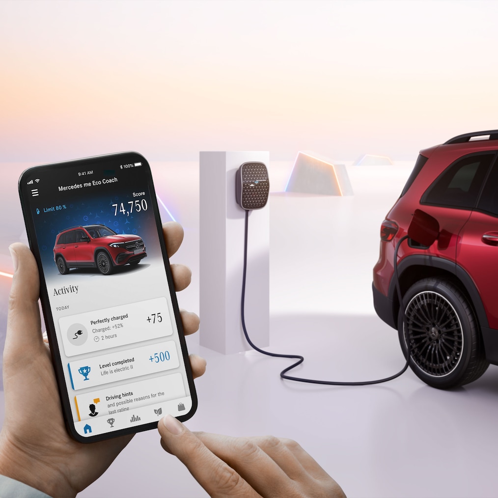 View of a Mercedes-Benz EQB being charged at a charging station.