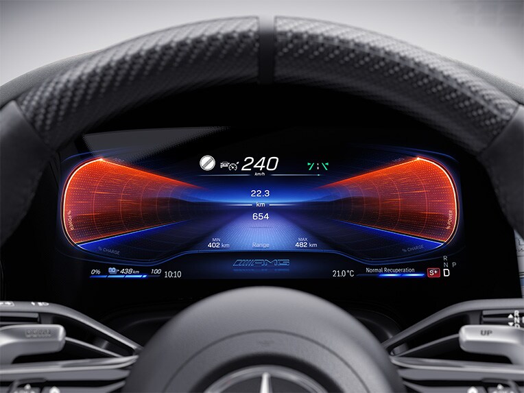 An illustration of the AMG DYNAMIC PLUS package in the Mercedes-AMG EQE Saloon.