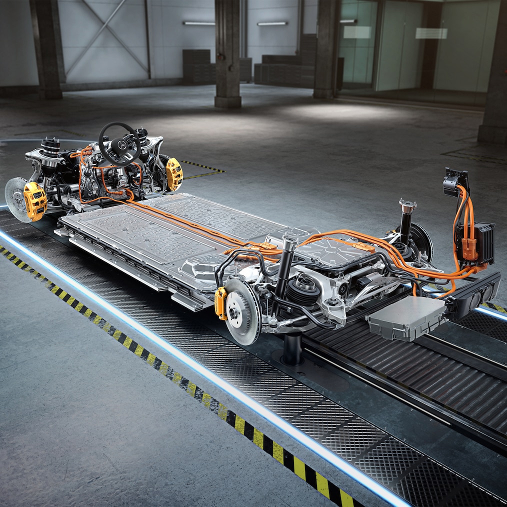 The chassis with drivetrain of the Mercedes-AMG EQE+.
