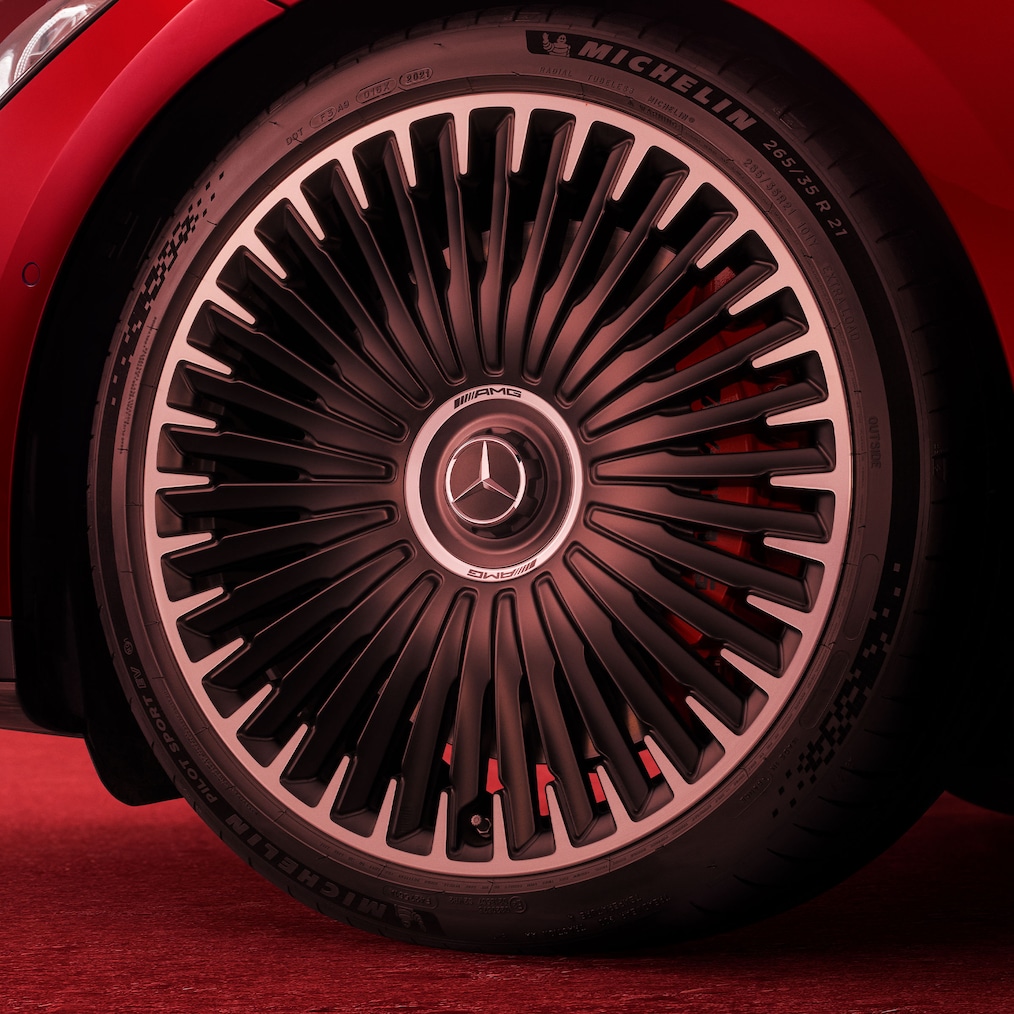 Close-up of the AMG light alloy wheel RWL on a Mercedes-AMG EQE Saloon.