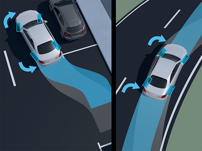 A representation of the rear-axle steering in the EQE Saloon by Mercedes-EQ.