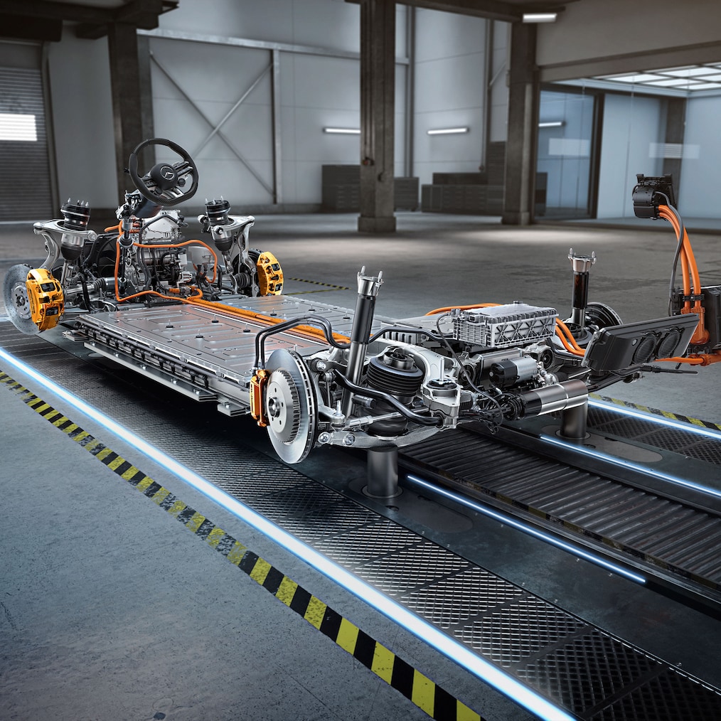 The chassis with drivetrain of the Mercedes-AMG EQE 53 4MATIC+ SUV.