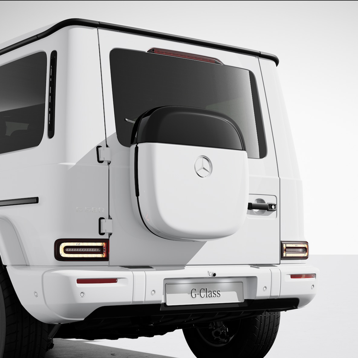 The Design box on the rear door of a Mercedes-Benz G 580 with EQ Technology.