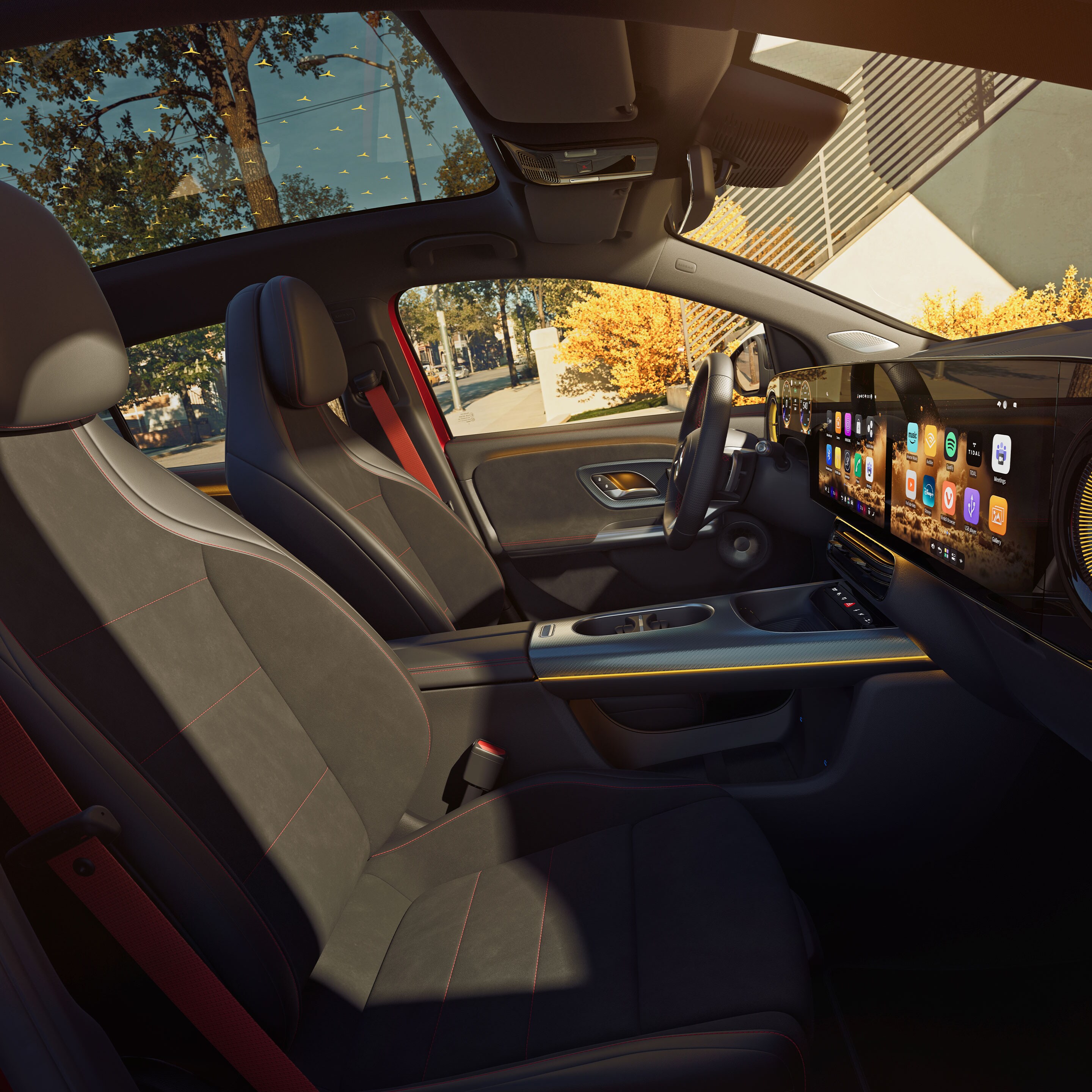 The interior of the all-new electric GLA from Mercedes-Benz with focus on the front and rear seat rows viewed from the front passenger's window.