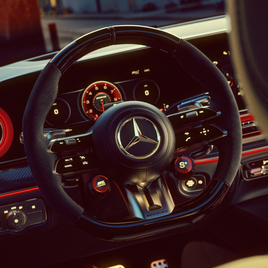 The AMG steering wheel in the Mercedes-AMG GLE 63 S Coupé.