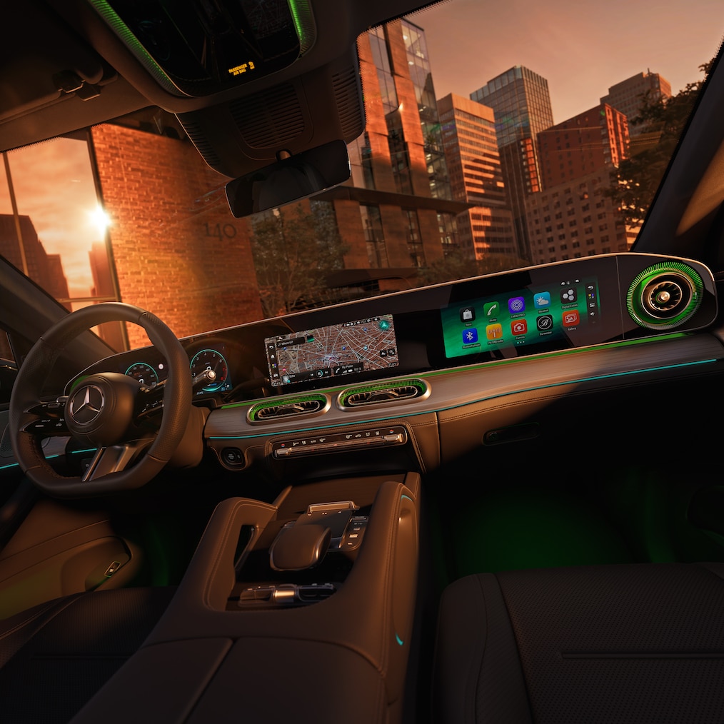 The dashboard features the new immersive MBUX Superscreen with three 31,2 cm (12.3") displays for personalised information and entertainment.