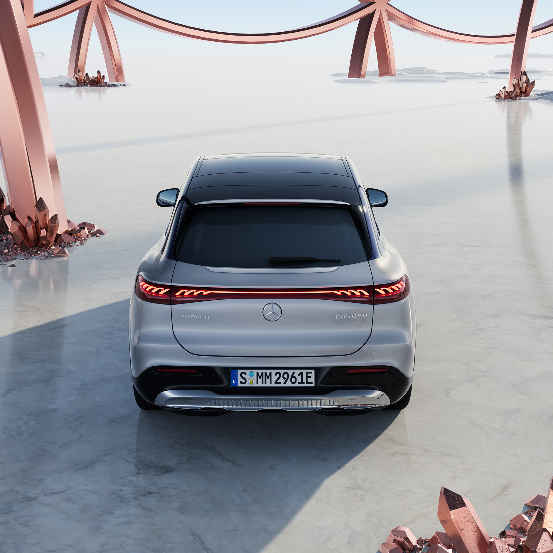 Insurance | EQS SUV | Mercedes-Maybach Rear view of the Mercedes-Maybach EQS SUV.