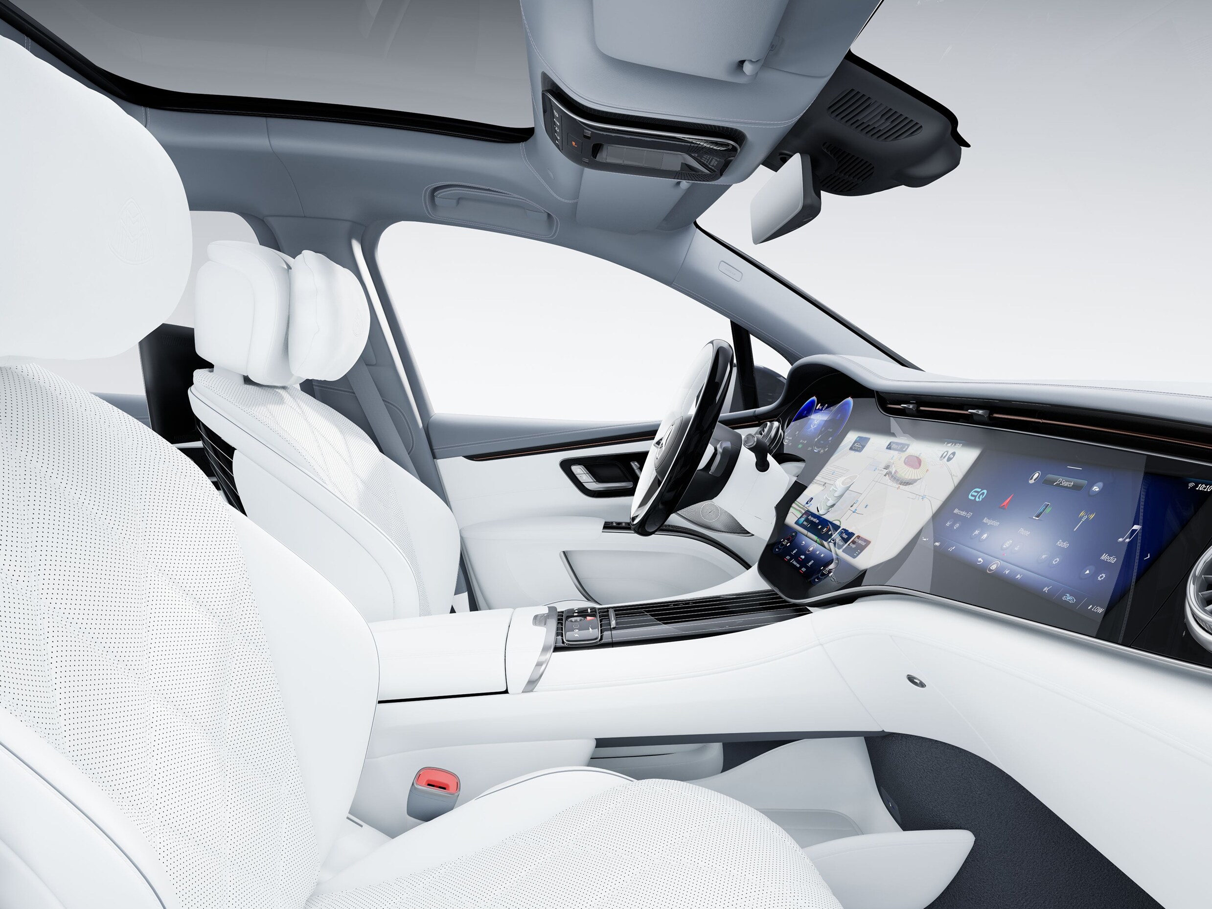 Interior of the luxury Mercedes-Maybach EQS SUV with MANUFAKTUR upholstery.