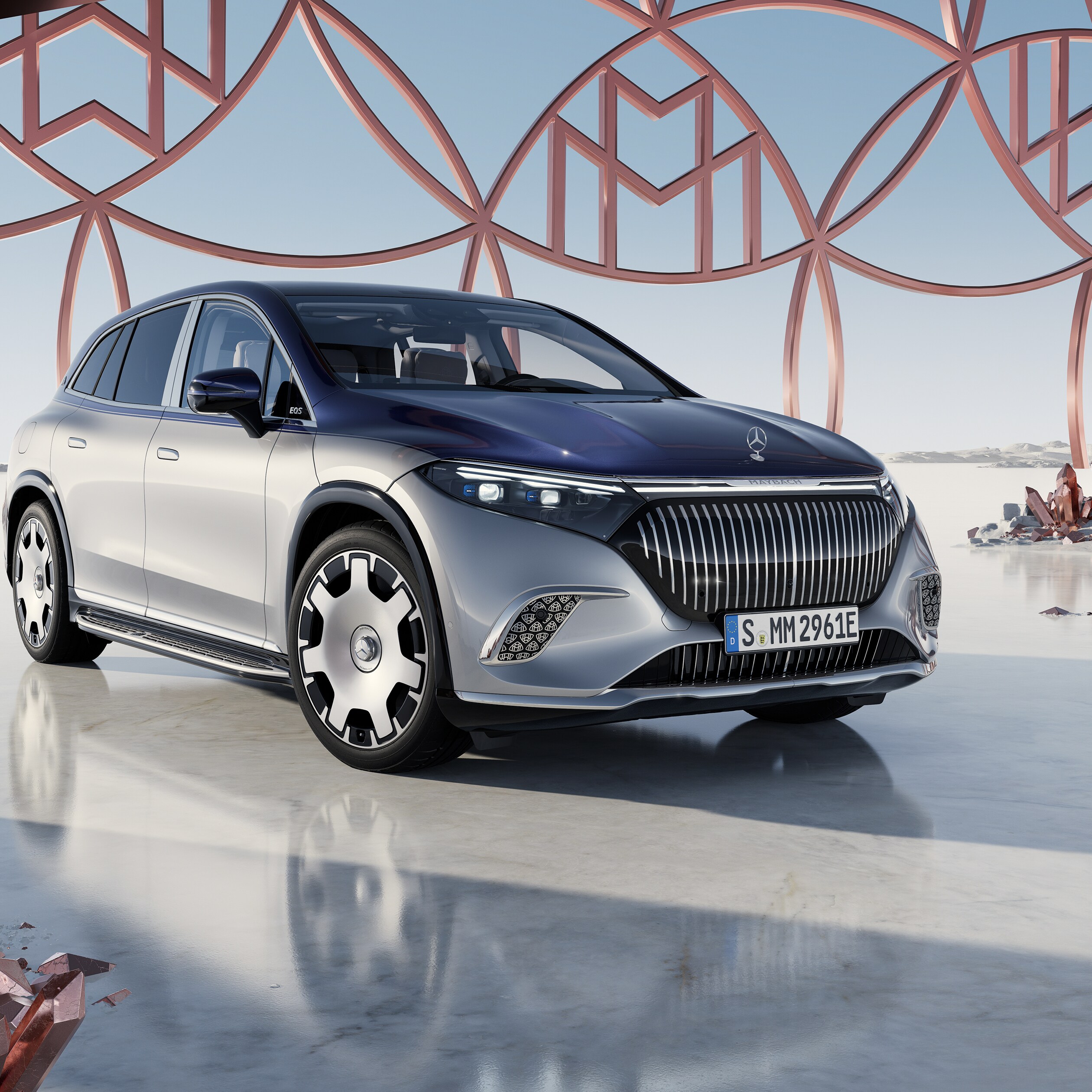 Side front view of the electric Mercedes-Maybach EQS SUV.