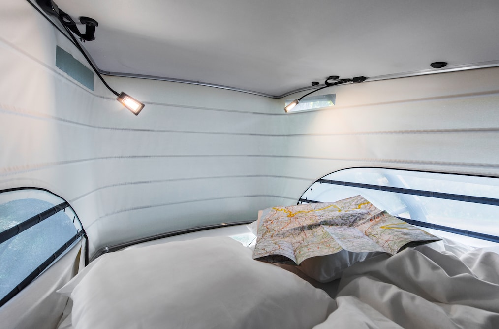The roof bed of the V-Class Marco Polo with LED lights and air vents on the left and right.