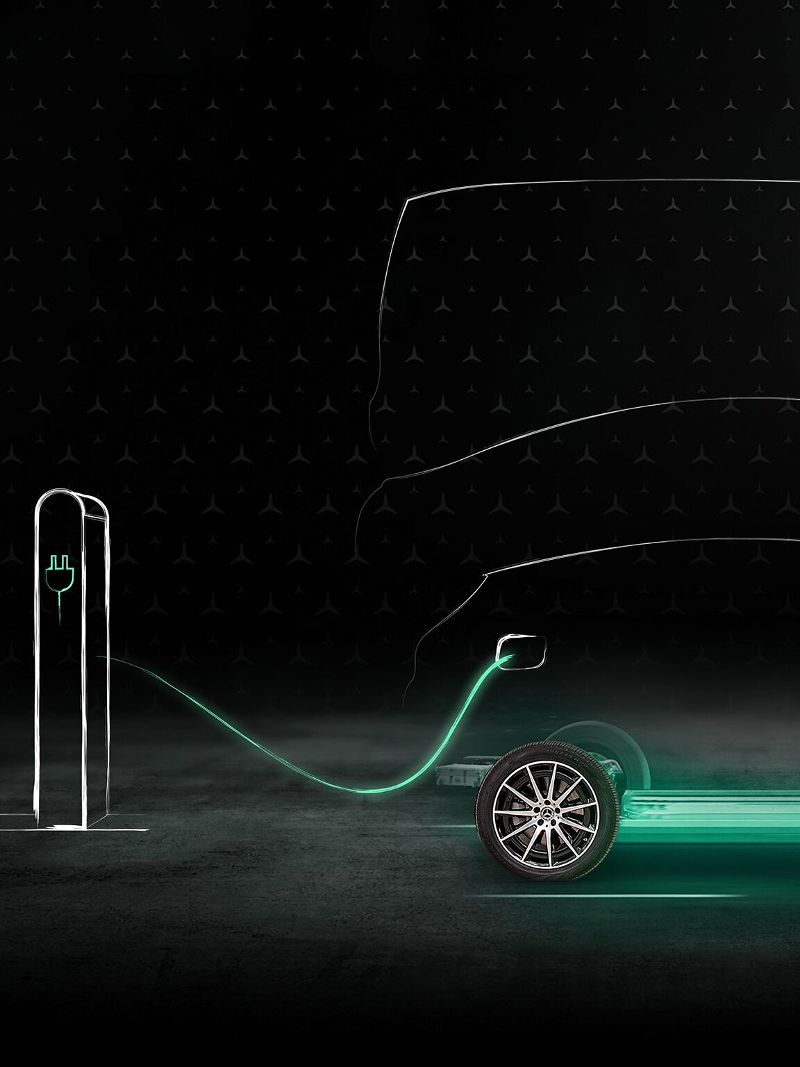 Glowing LED outline of Mercedes-Benz car charging 