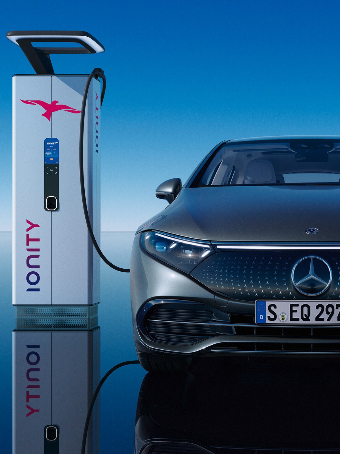 Front view of Mercedes-Benz charging with Ionity station