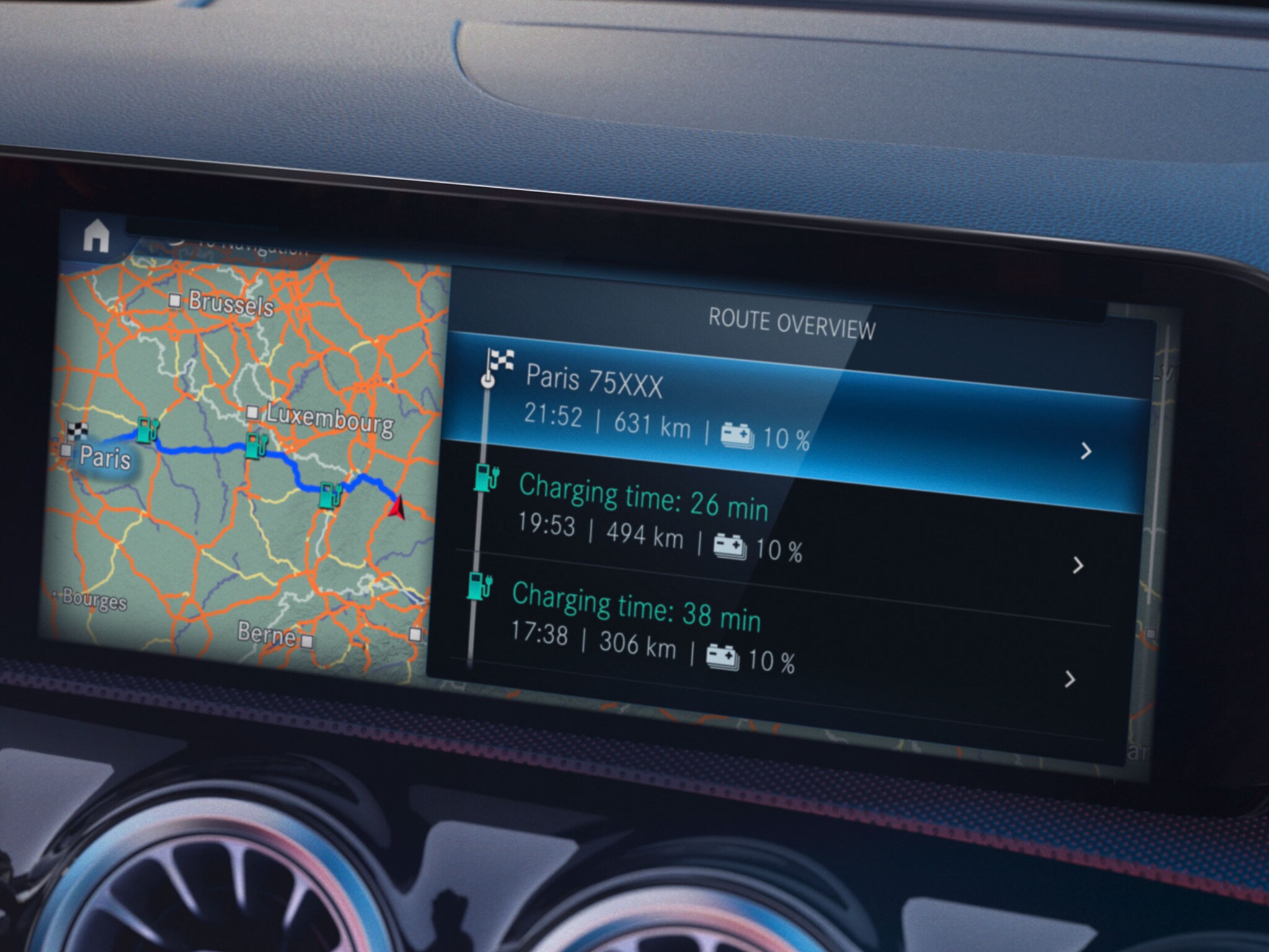 Interior Mercedes-Benz screen showing en-route charging stations and times