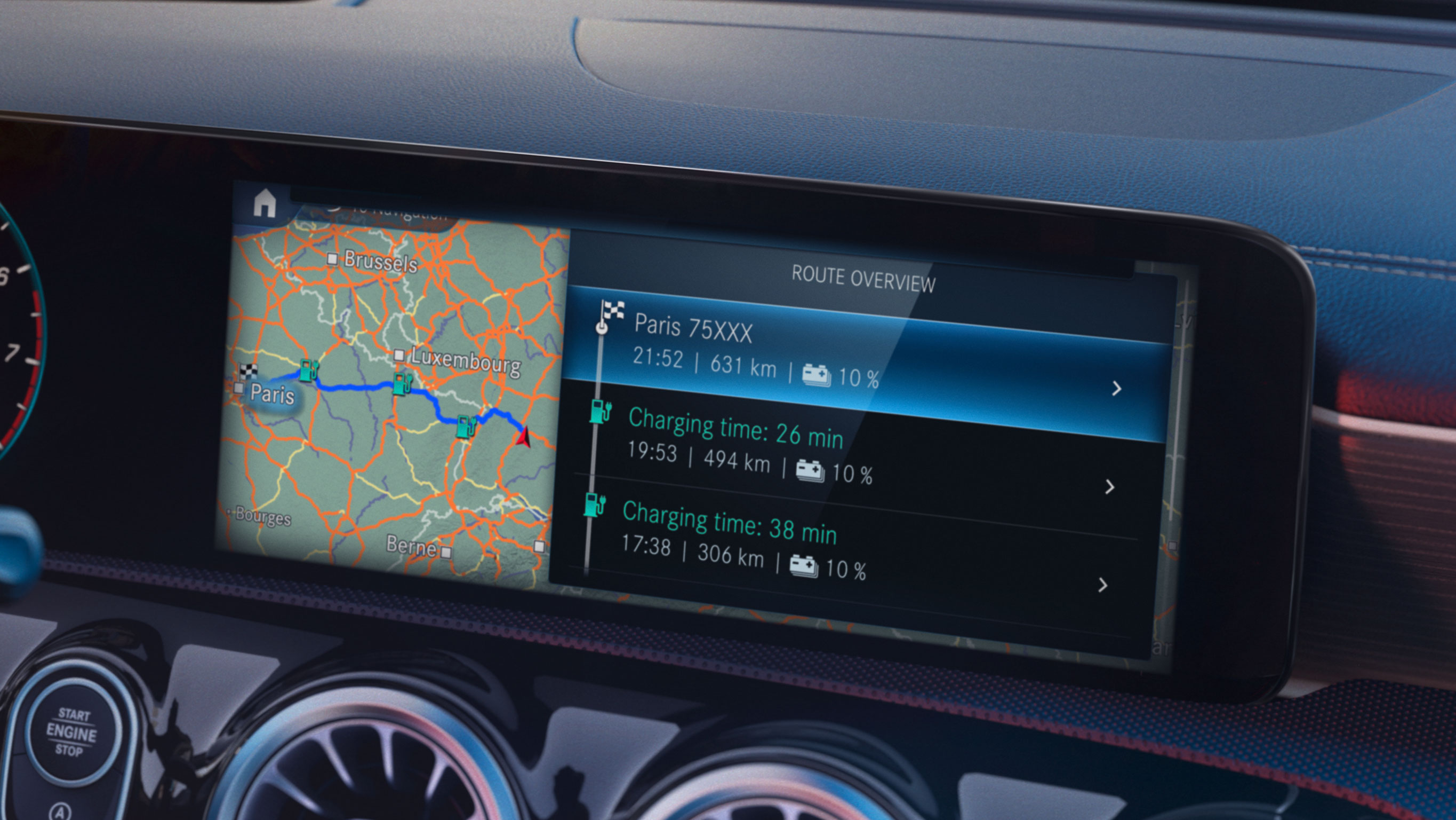 Mercedes me Charge | Charging & Services | Mercedes-EQ Interior Mercedes-Benz screen showing en-route charging stations and times