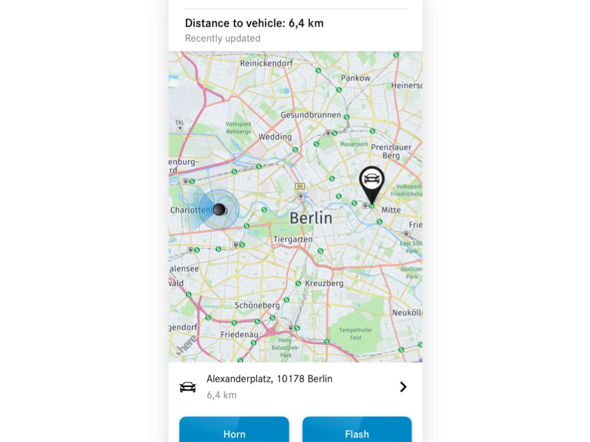 The location of the Mercedes-Benz is displayed on a smartphone via the Vehicle Tracker Digital Extra.