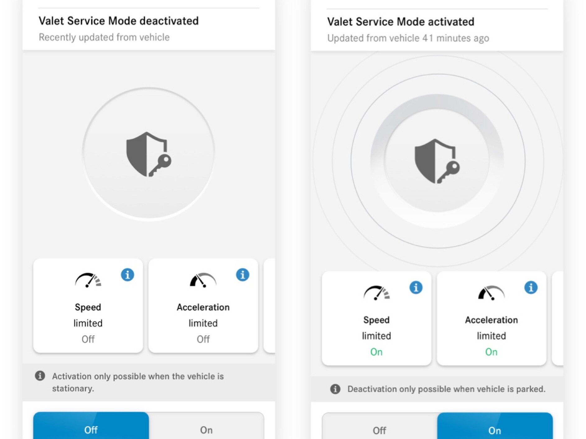You can see on a smartphone the different screens that appear when the Remote Control, Valet Service Mode Digital Extra detects an infringement.