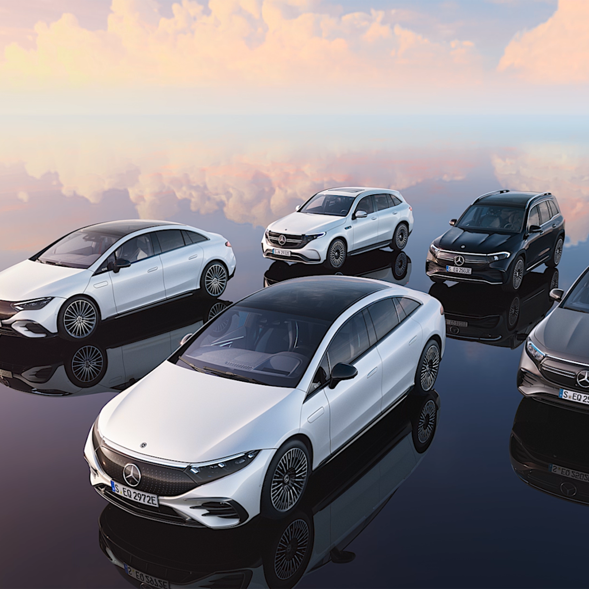 Mercedes-Benz | Electric Vehicles Side front view of Mercedes-Benz electric vehicle models