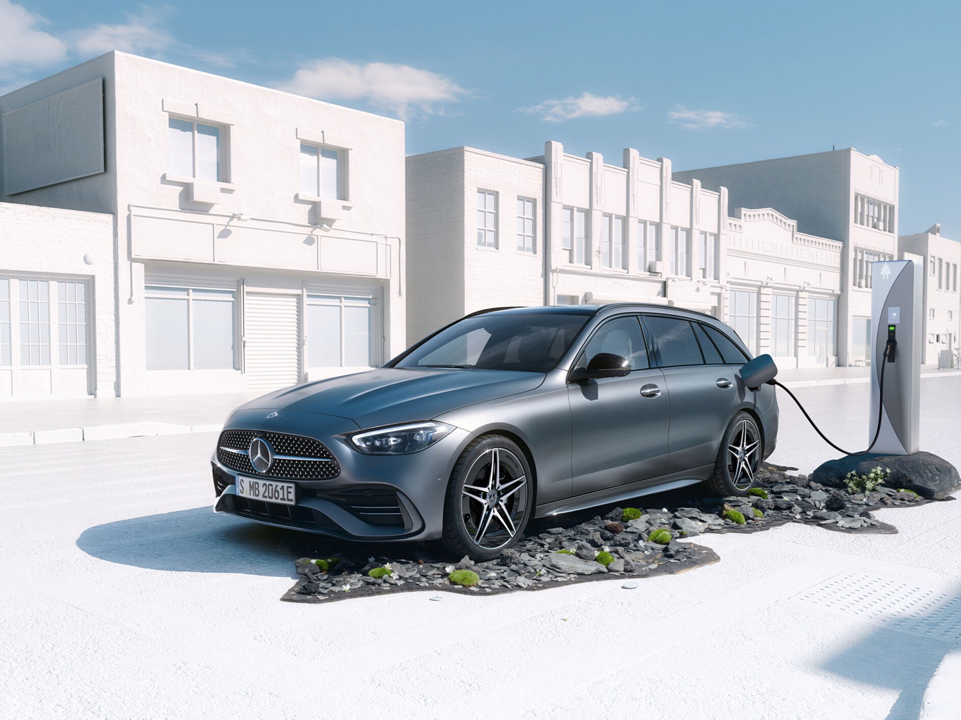 Side front view of the C-Class 300 e Estate from Mercedes-Benz.