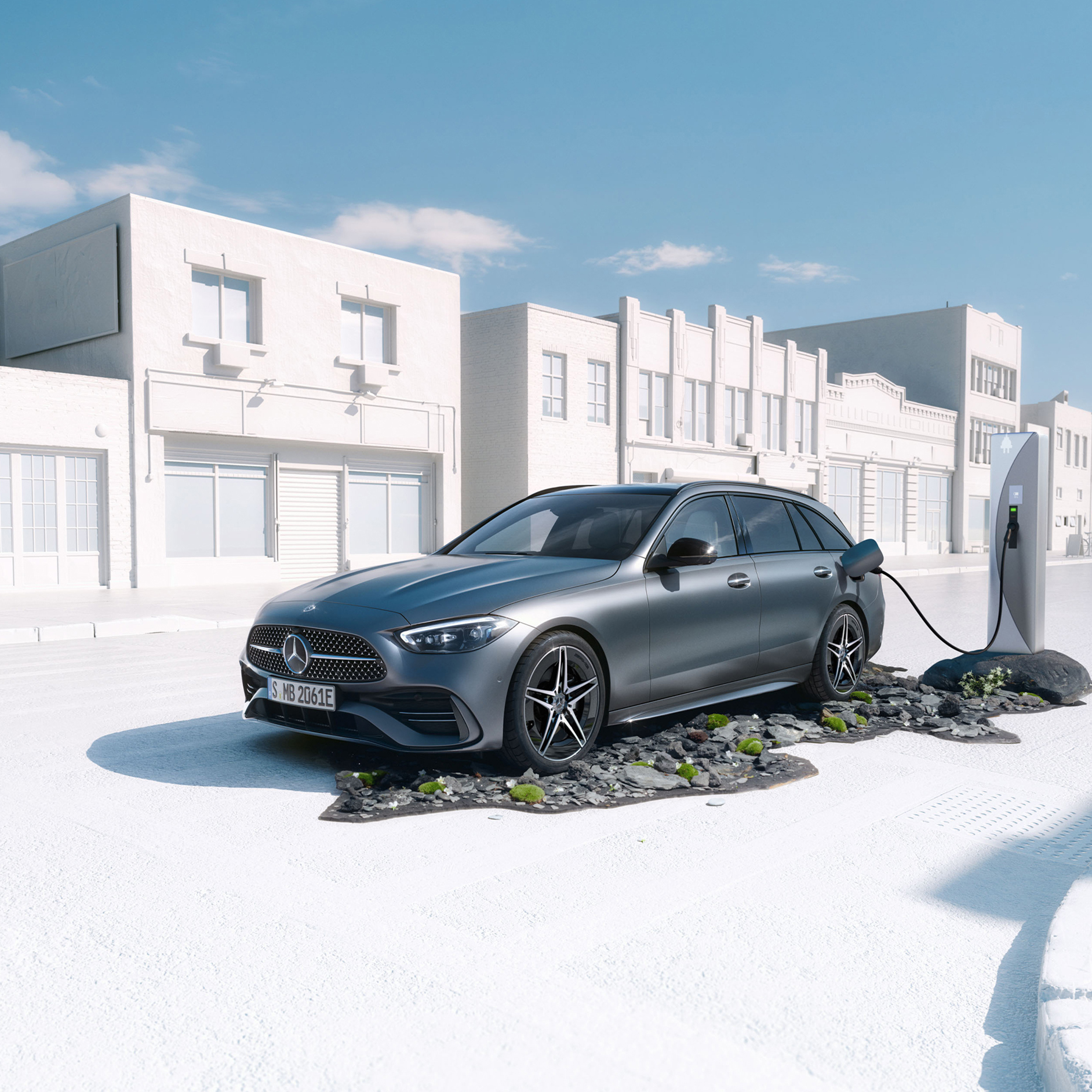 Mercedes-Benz | Land Sea Air | Plug-in hybrids Side front view of the C-Class 300 e Estate from Mercedes-Benz.