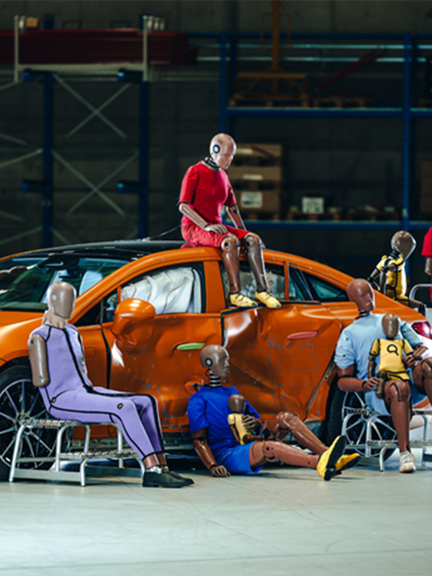 Multiple crash test dummies sitting on and arround a Mercedes-Benz car.
