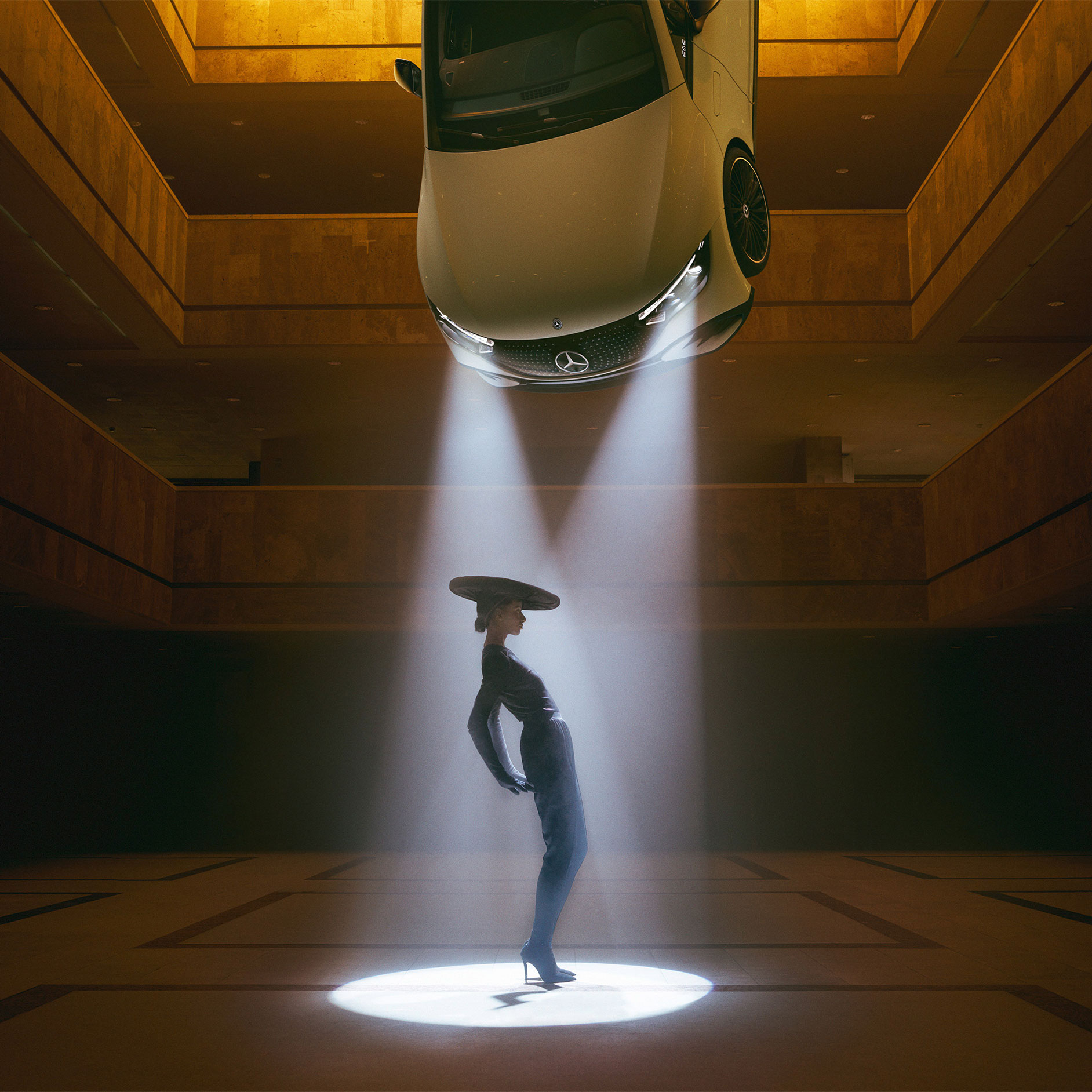 Enhancing your life | Technology | Mercedes-Benz A dancing person in the headlights of an floating car by Mercedes-Benz.