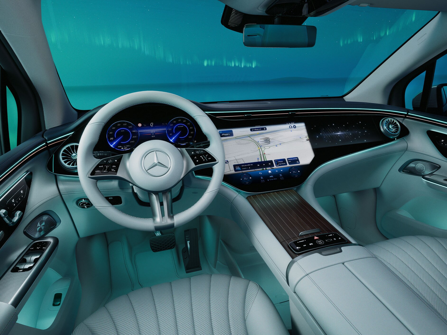 Cockpit in the interior of a Mercedes-Benz EQS SUV.
