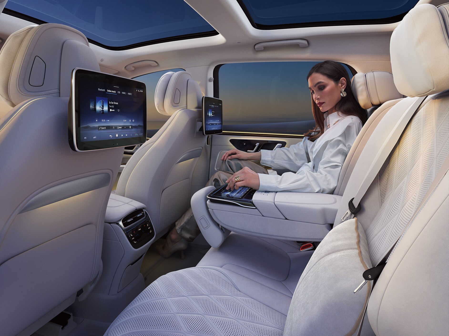 Rear interior of a Mercedes-Benz EQS SUV.