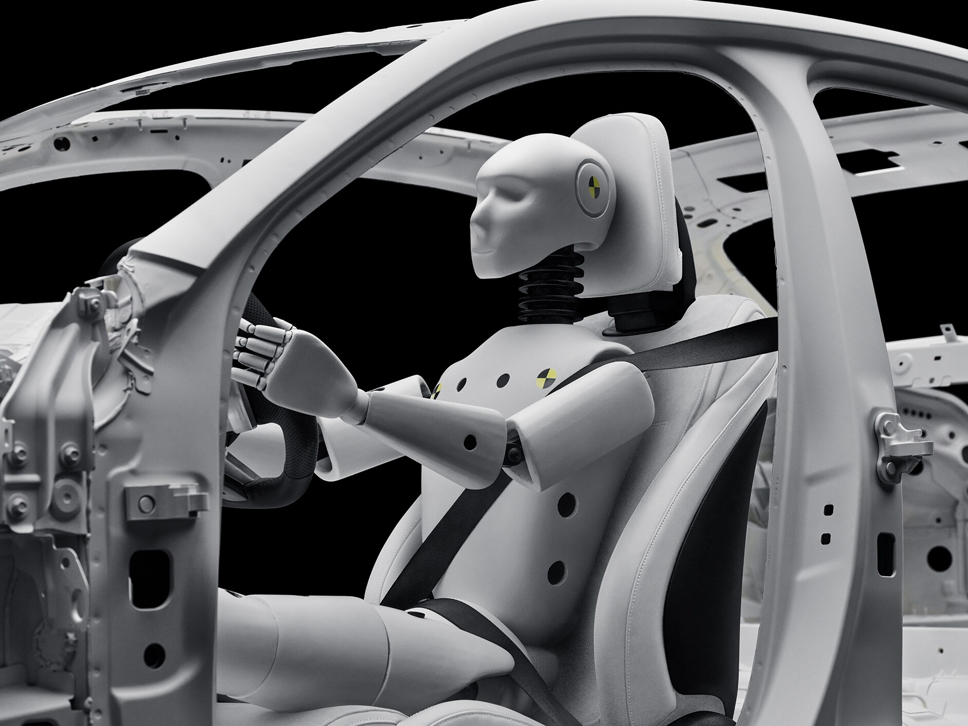 Crash test dummy in a vehicle frame of Mercedes-Benz.