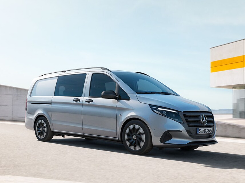 The Mercedes-Benz eVito Panel Van on the top level of a multi-storey car park.