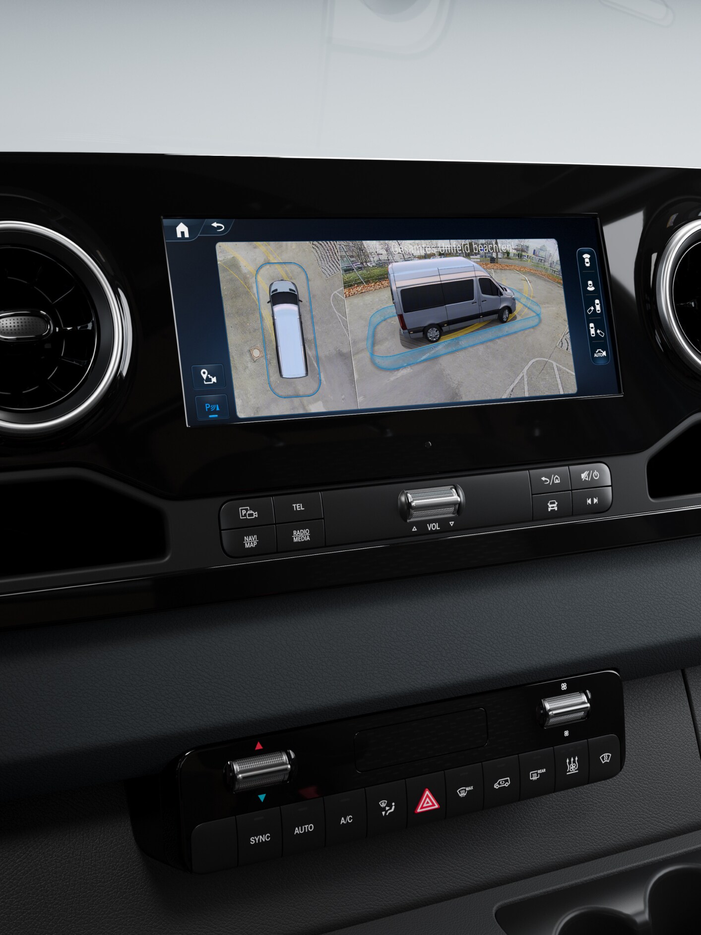Mercedes-Benz van MBUX screen displaying 360-degree camera parking view.