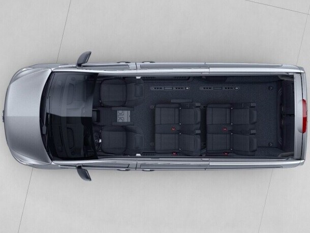 The eVito Tourer, extra long, with 2-seater bench seat in the 1st row, 2-seater bench seat in the 2nd row.